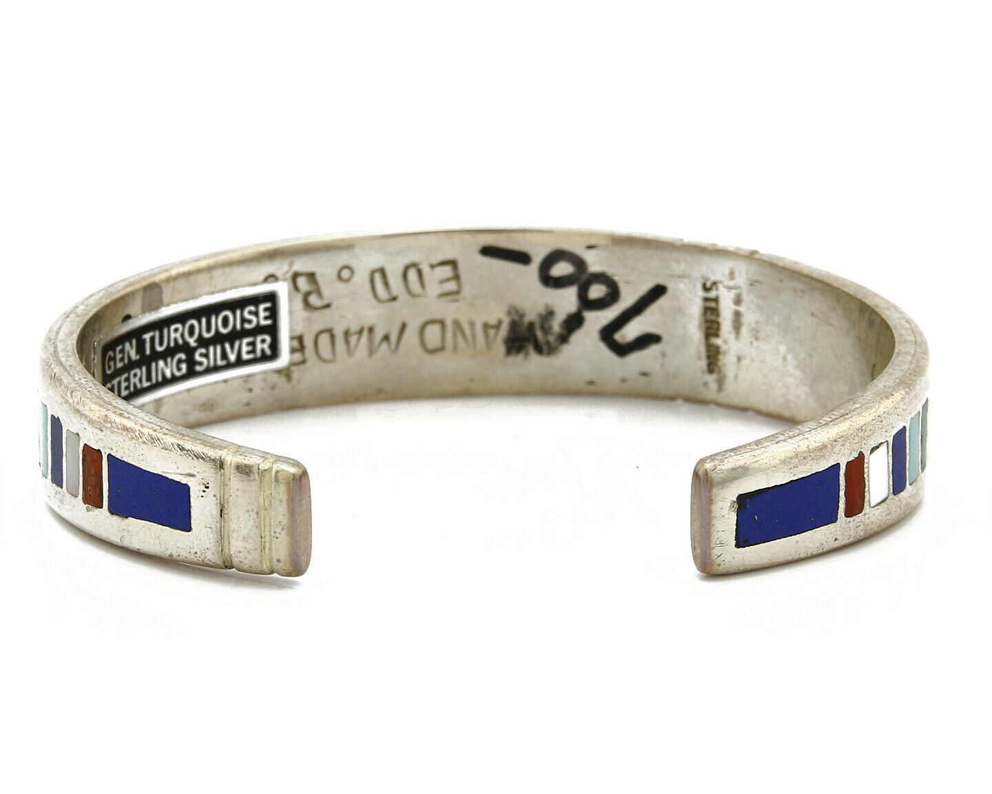 Navajo Artist Signed EDD.B. Gemstone Inlaid .925 Silver Cuff