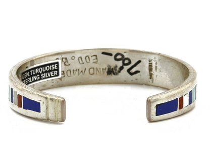 Navajo Artist Signed EDD.B. Gemstone Inlaid .925 Silver Cuff