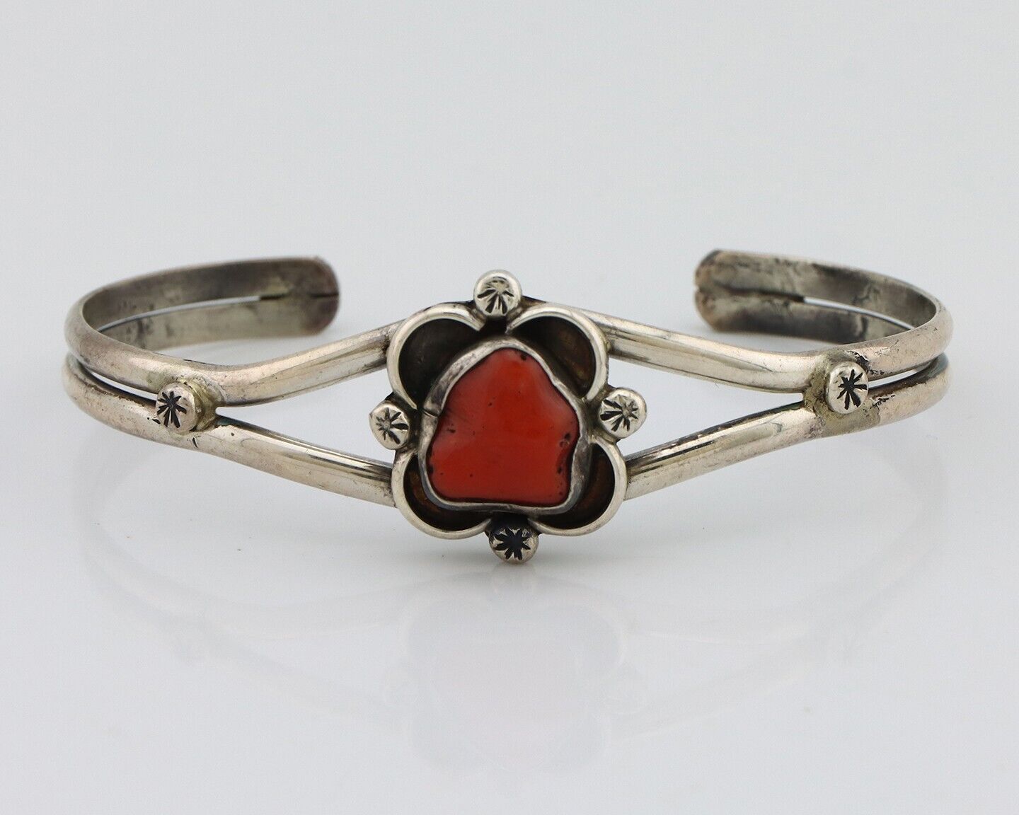 Navajo Bracelet 925 Silver Natural Red Coral Native American Artist C.80's