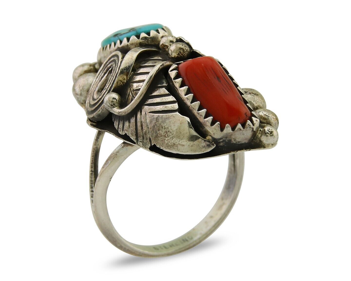 Navajo Handmade Ring 925 Silver Coral & Turquoise Native Artist C.80's