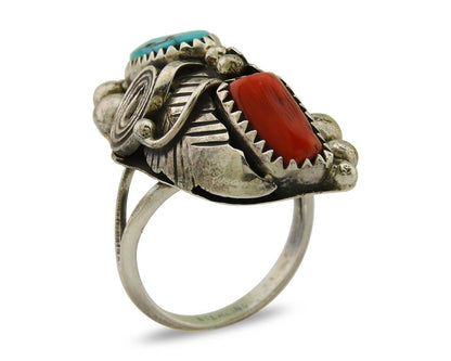 Navajo Handmade Ring 925 Silver Coral & Turquoise Native Artist C.80's