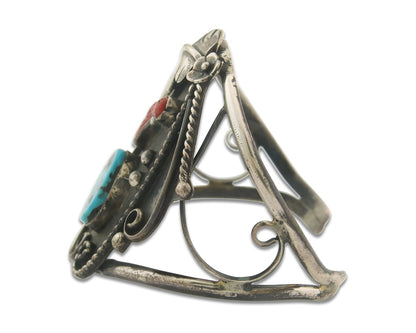 Navajo Bracelet 925 Silver Inlaid Coral & Turquoise Cuff Artist Signed CJ C.80's