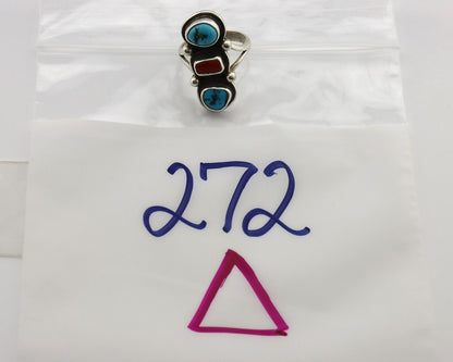 Navajo Ring 925 Silver Sleeping B Turquoise & Coral Native American Artist C.80s