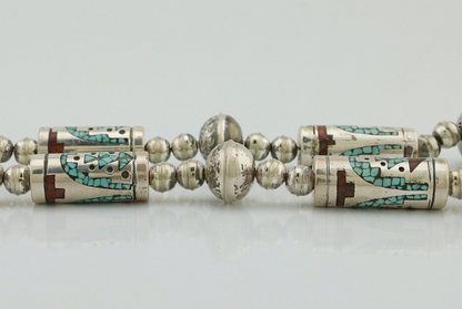 Navajo Reversable Inlay Necklace 925 Silver Turquoise & Coral Signed SD C.80's