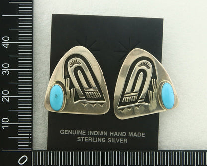 Navajo Earrings 925 Silver Natural Turquoise Artist Signed AL C.80's