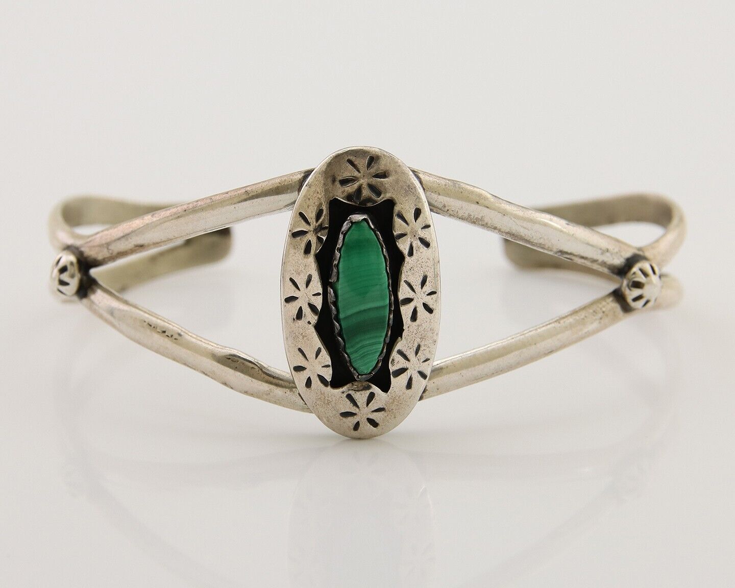 Navajo Hand Stamped Cuff Bracelet Malachite 925 Silver Artist Signed IJC C.80's