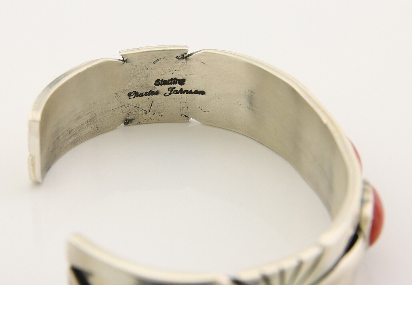 Navajo Bracelet .925 Silver Red Coral Cuff Signed Charles Johnson C.80's