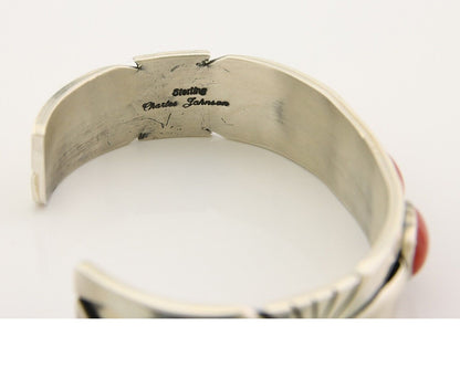 Navajo Bracelet .925 Silver Red Coral Cuff Signed Charles Johnson C.80's