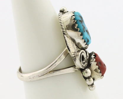 Navajo Ring .925 Silver Turquoise & Coral Artist Signed Justin Morris C.80's