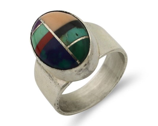 Zuni Inlaid Ring 925 Silver Mixed Natural Gemstones Native American Artist C.80s