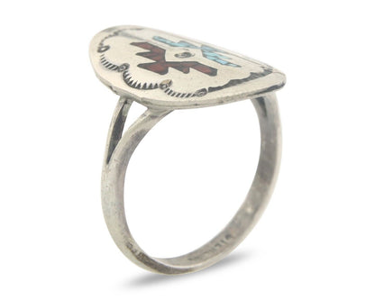 Navajo Ring 925 Sterling Natural Chip Inlay Coral & Turquoise C.80's Size 7.5