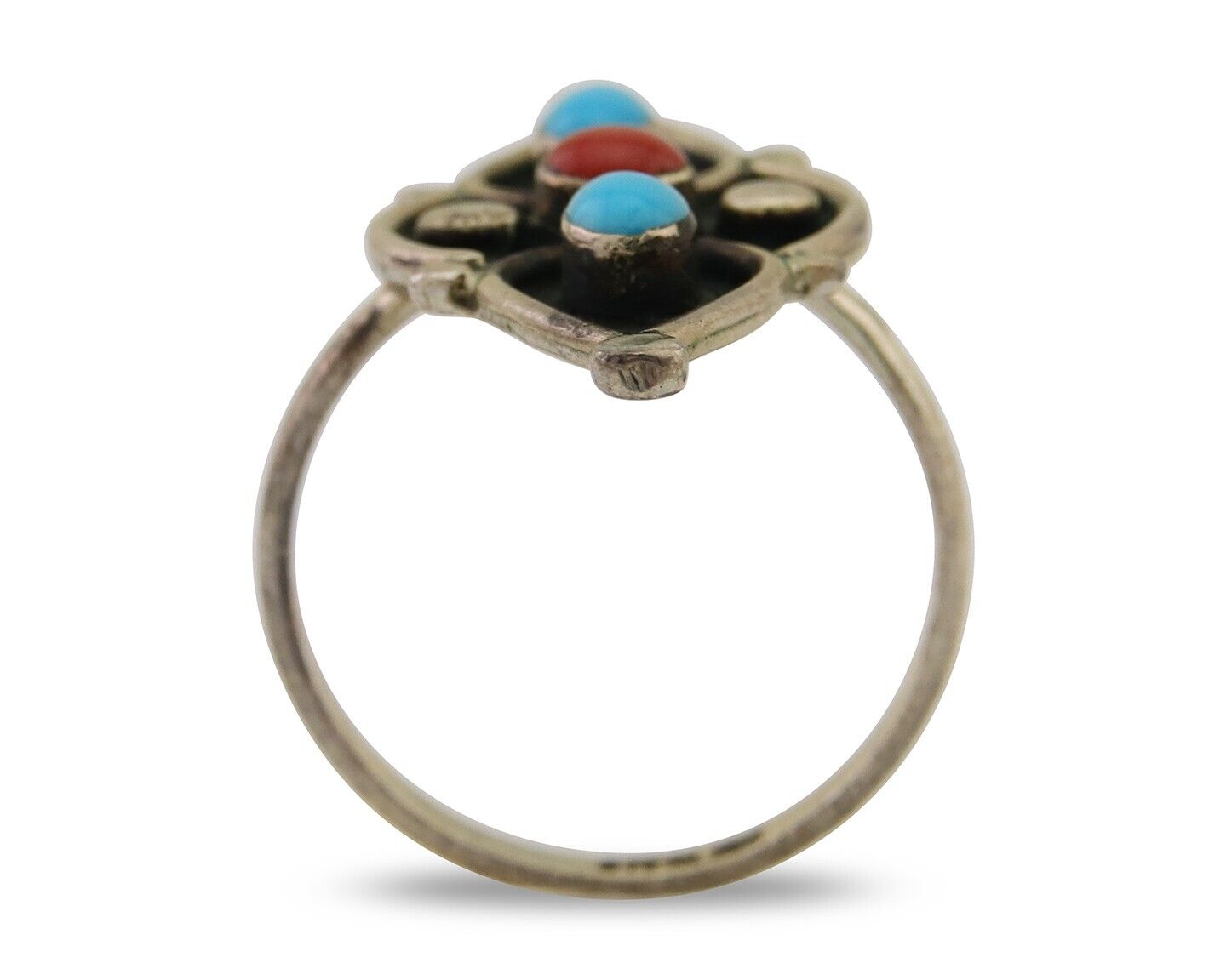 Navajo Handmade Ring 925 Silver Turquoise & Coral Native Artist C.80's