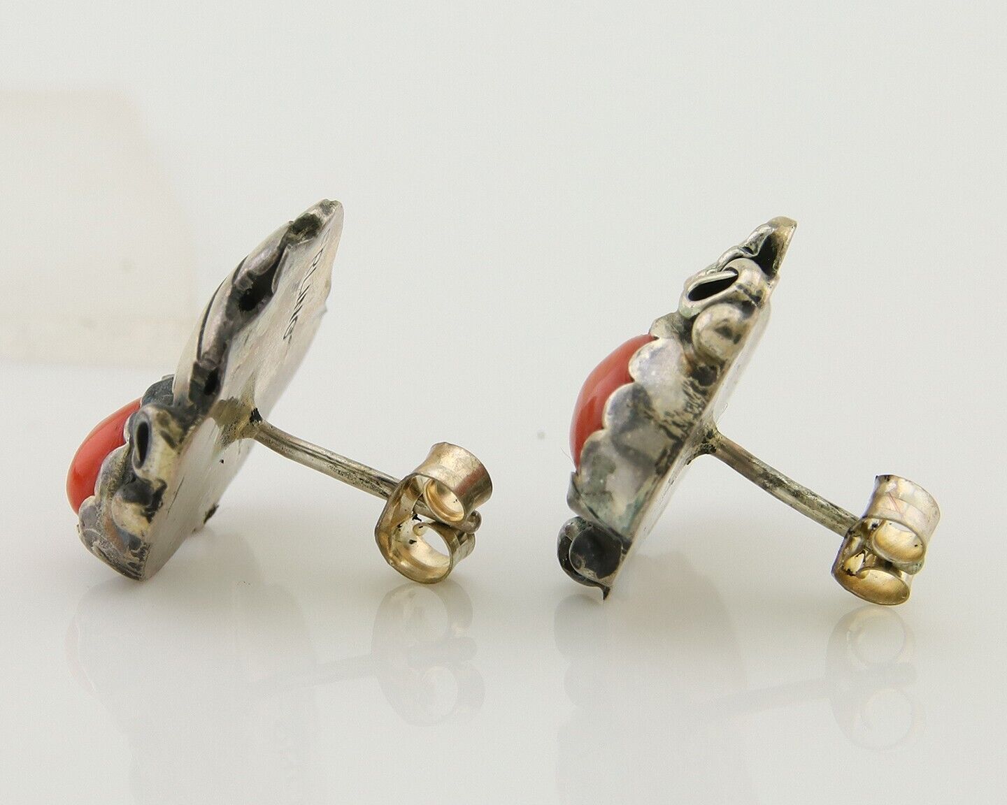 Navajo Earrings 925 Silver Natural Red Coral Native American Artist C.80's