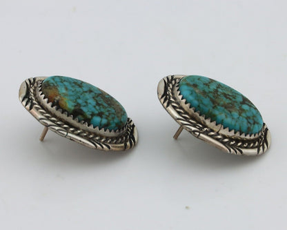 Navajo Hand Stamped Earrings 925 Silver Spiderweb Turquoise Signed M Begay C.80s