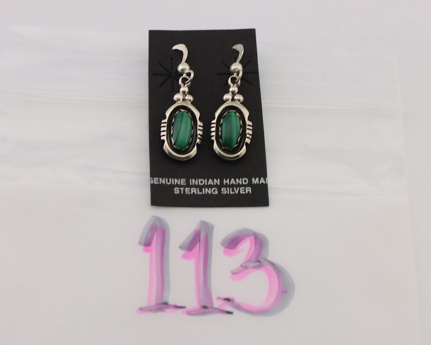 Navajo Dangle Earrings 925 Silver Natural Malachite Native American Artist C.80s