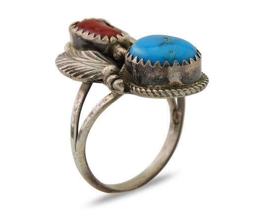 Navajo Handmade Ring 925 Silver Turquoise & Coral Artist Signed Justin Morris 80