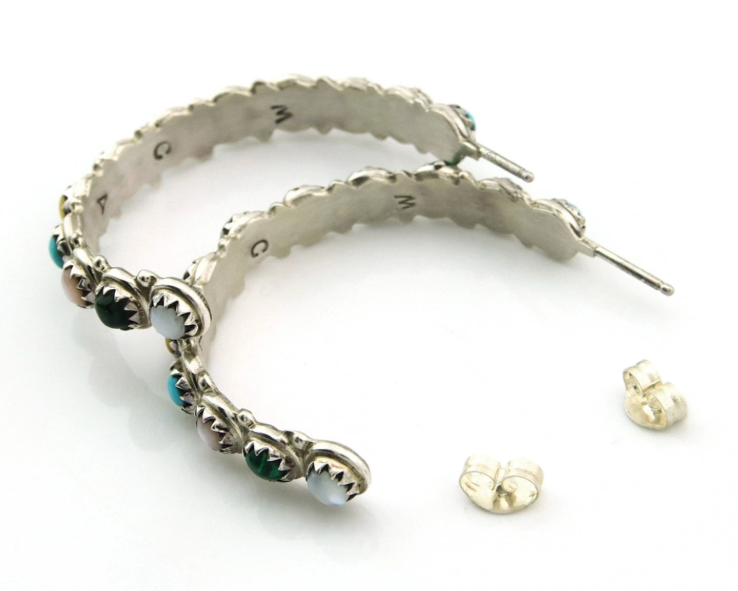 Navajo Hoop Earrings Sterling Silver Natural Gemstones Vintage Signed MCA