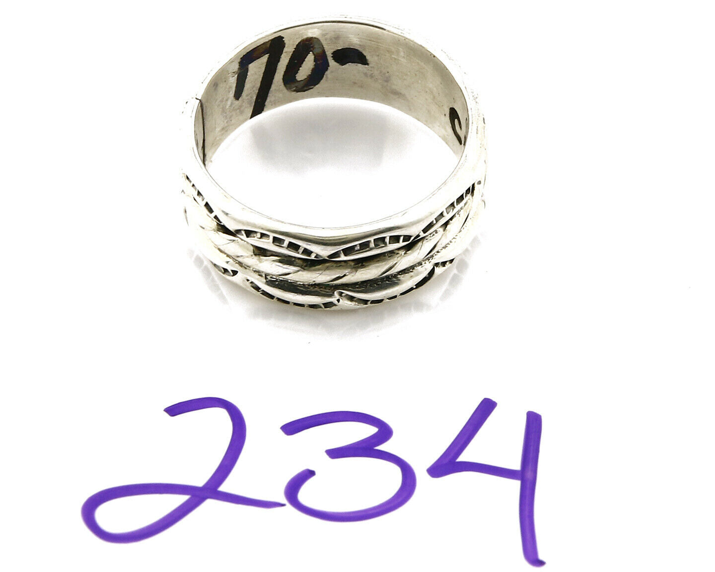 Navajo Ring .925 Silver Handmade Hand Stamped 3 Row Rope Band C.1980s Size 10.75