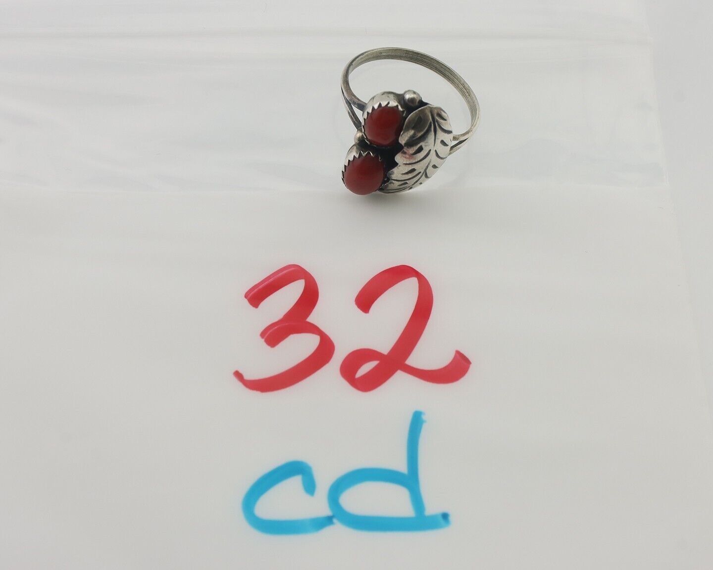 Navajo Handmade Ring 925 Silver Natural Mediterranean Coral Signed 88 C.80's