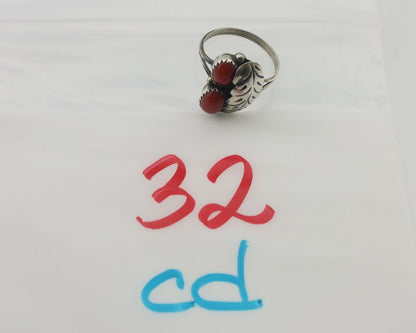 Navajo Handmade Ring 925 Silver Natural Mediterranean Coral Signed 88 C.80's