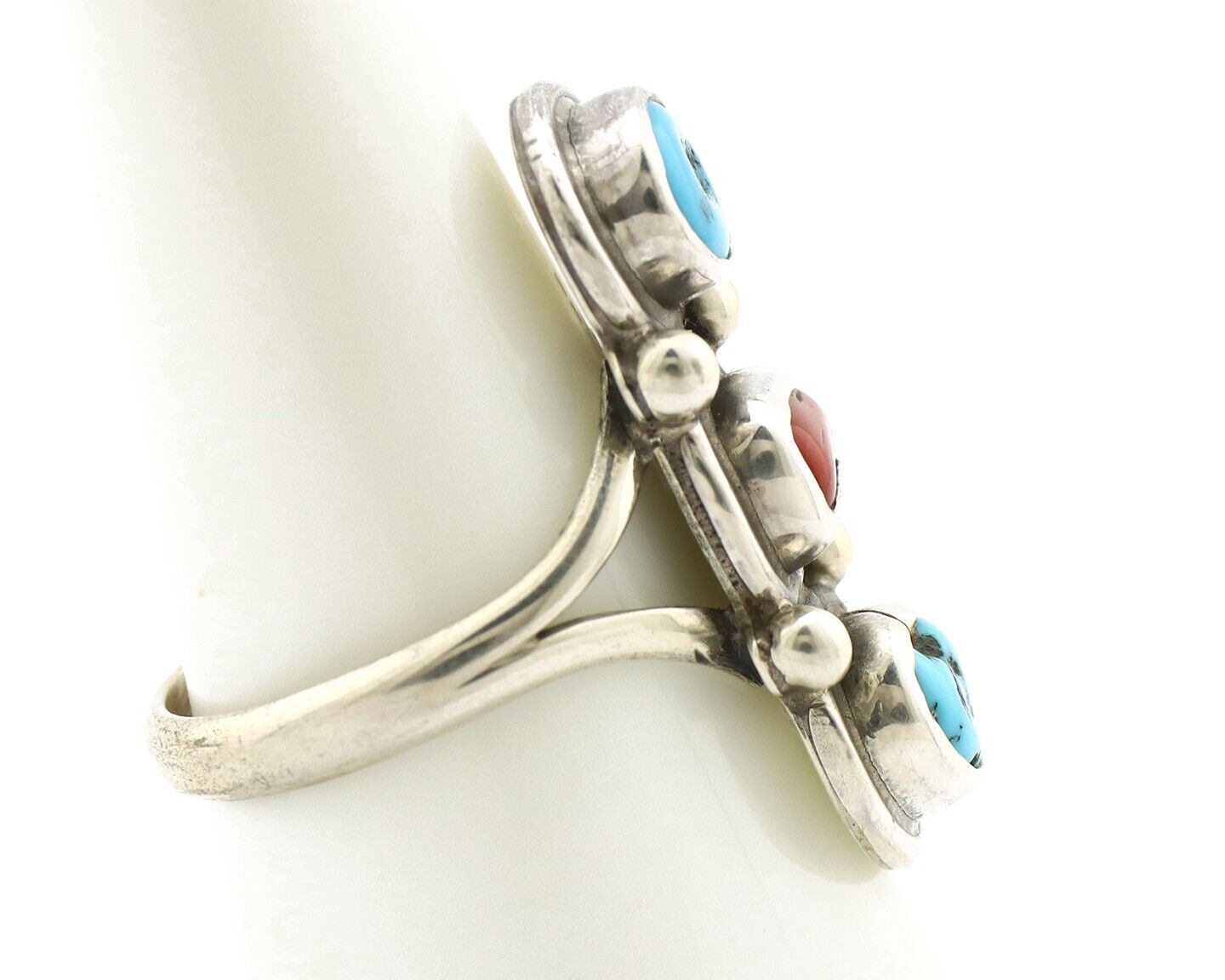 Navajo Ring 925 Silver Sleeping B Turquoise & Coral Native American Artist C.80s