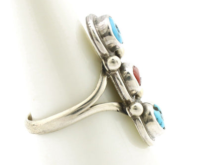 Navajo Ring 925 Silver Sleeping B Turquoise & Coral Native American Artist C.80s