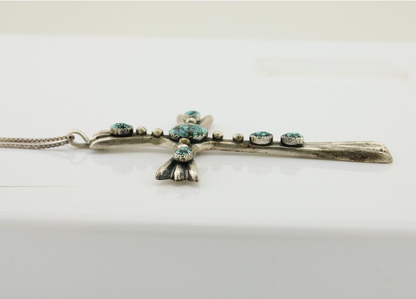 Navajo Sand Cast Cross Pendant 925 Silver Turquoise Signed FJ Begay C.80's