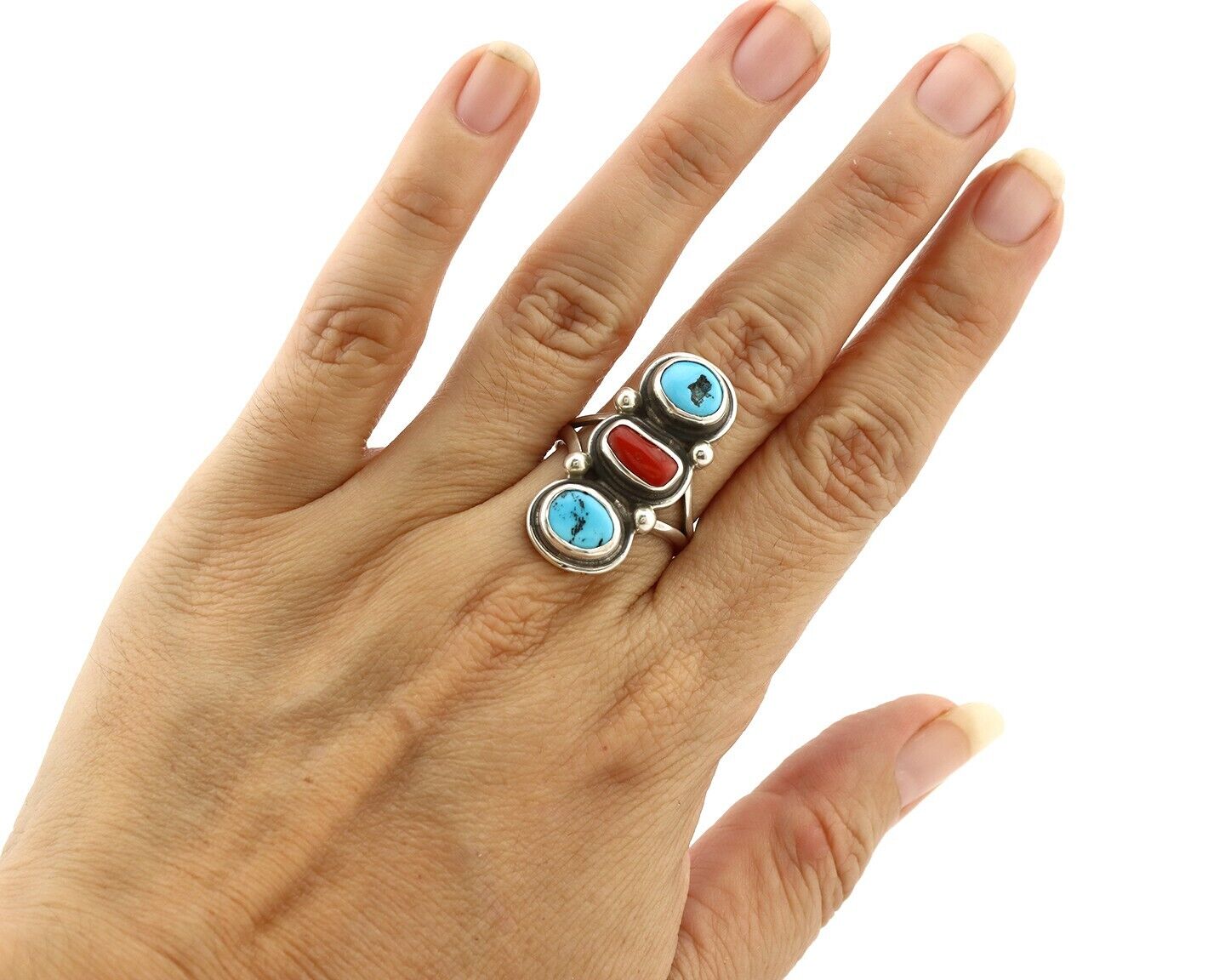 Navajo Ring 925 Silver Sleeping B Turquoise & Coral Native American Artist C.80s
