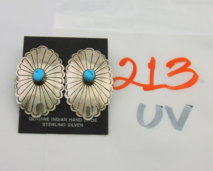 Navajo Earrings 925 Silver Natural Turquoise Artist Signed Running Bear C80s