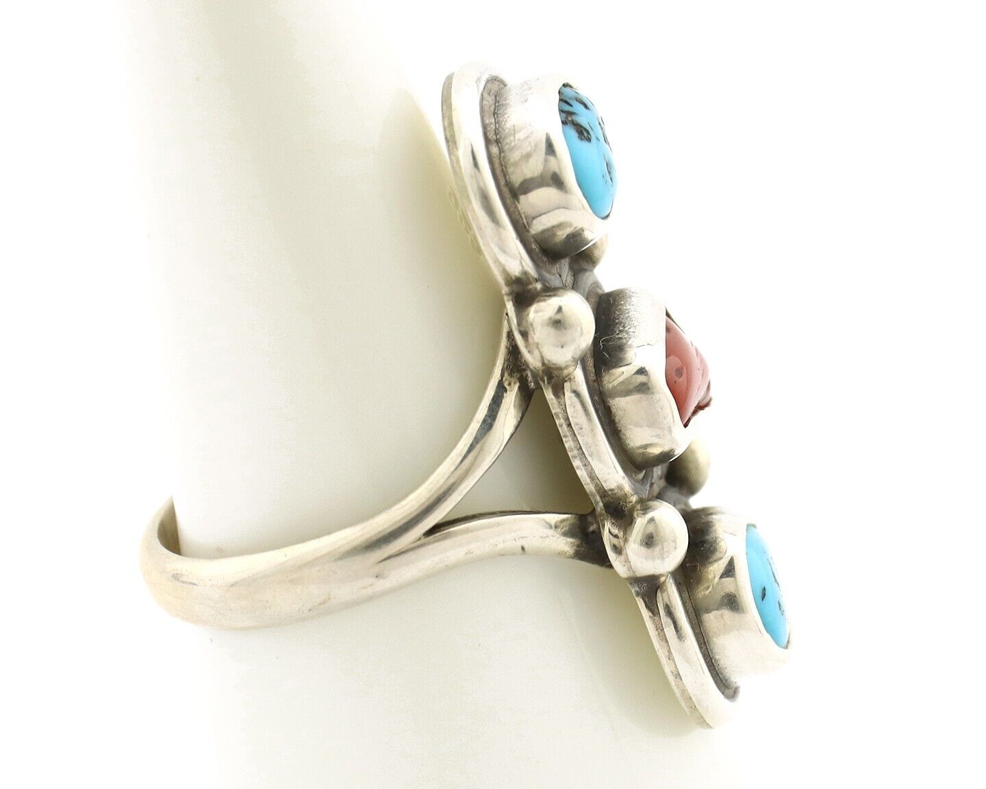 Navajo Ring 925 Silver Sleeping B Turquoise & Coral Native American Artist C.80s