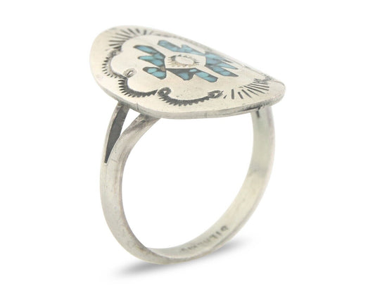 Navajo Ring 925 Sterling Natural Chip Inlay Turquoise C.80's Size 6.0