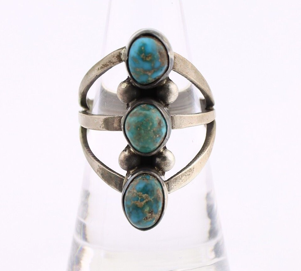 Navajo 3 Stone Ring 925 Silver Natural Turquoise Native American Artist C.80's