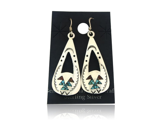 Navajo Earrings Sterling Silver Coral & Turquoise Vintage Dangle Handmade