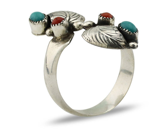 Navajo Adjustable Ring 925 Silver Turquiose & Coral Native Artist C.80's