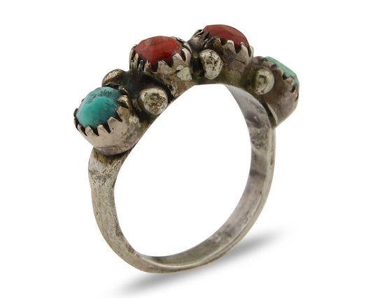 Navajo Ring 925 Silver Turquoise & Coral Native American Artist C.80's