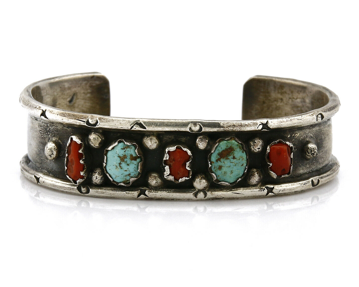 Navajo Bracelet .925 Silver Red Coral & Turquoise Handmade Cuff C.70's