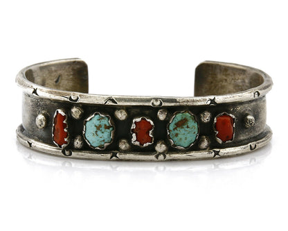 Navajo Bracelet .925 Silver Red Coral & Turquoise Handmade Cuff C.70's