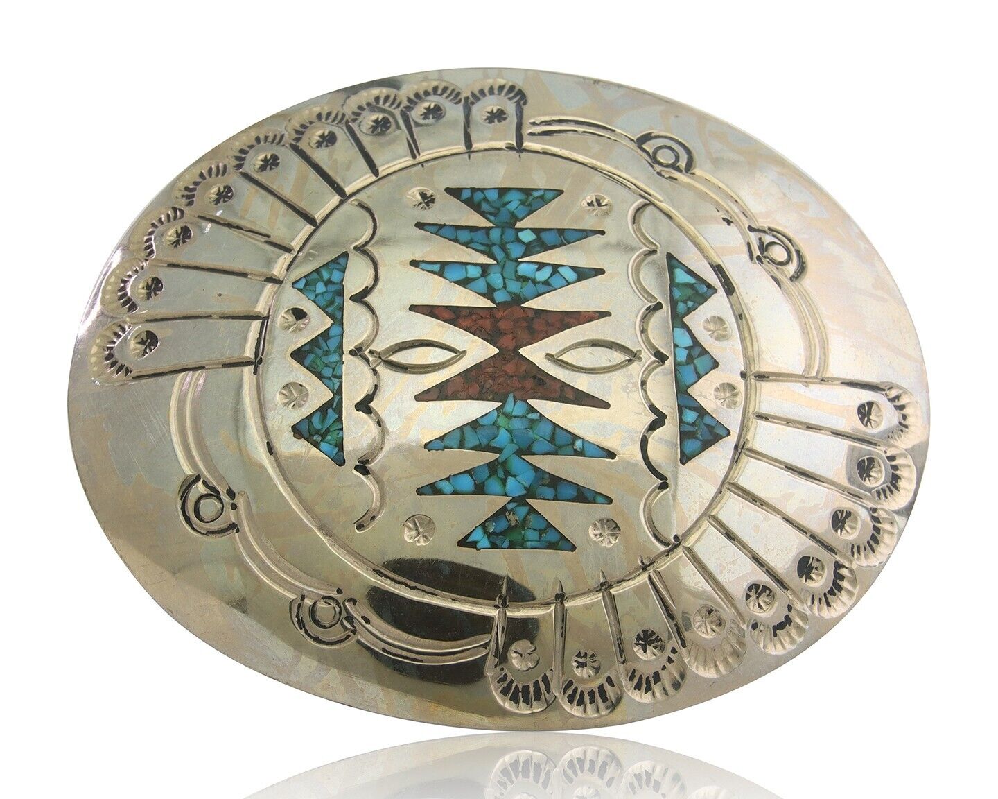 Navajo Belt Buckle .999 Nickel Buffalo Gemstone Signed Jimmie Nezzie 3x3.5in C80