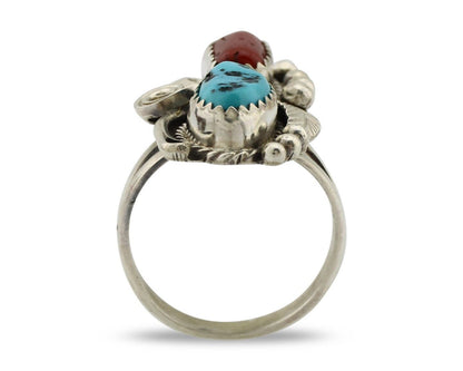 Navajo Ring .925 Silver Turquoise & Coral Artist Signed Justin Morris C.80's