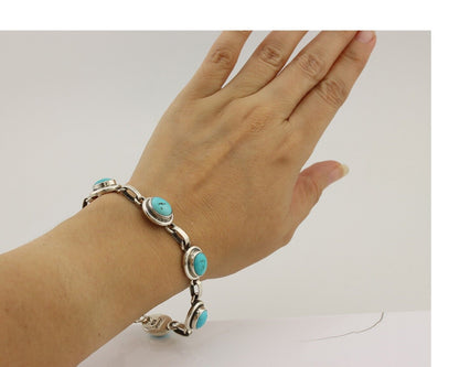 Navajo Link Bracelet 925 Silver Kingman Turquoise Native American Artist C.80's