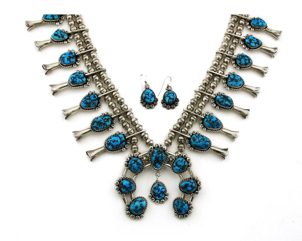 Navajo Squash Necklace Set Sterling Silver Natural Blue Turquoise Vintage C.80's