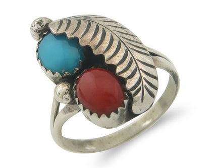 Navajo Ring 925 Sterling Natural Coral & Turquoise Signed BB C.80's Size 6.5