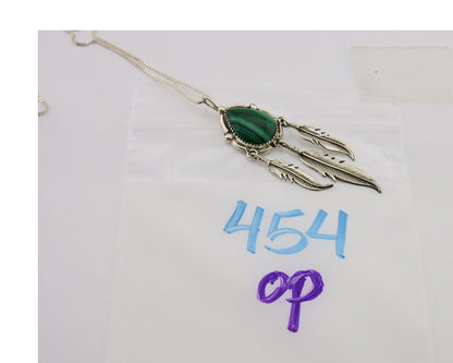 Large Navajo Pendant 925 Silver Natural Malachite Native American Artist C.80's