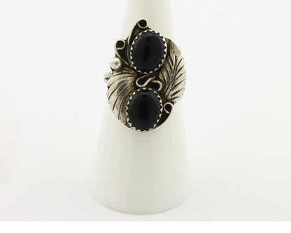 Navajo Ring 925 Silver Onyx Hand Stamped Artist Signed Tom Willeto C.80's