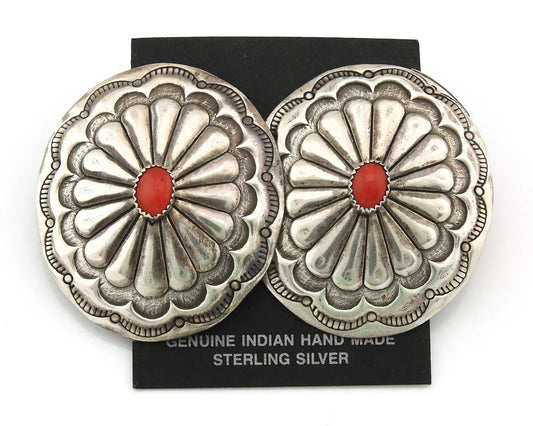 Navajo Concho Earrings Sterling Silver Coral Vintage Native Artist