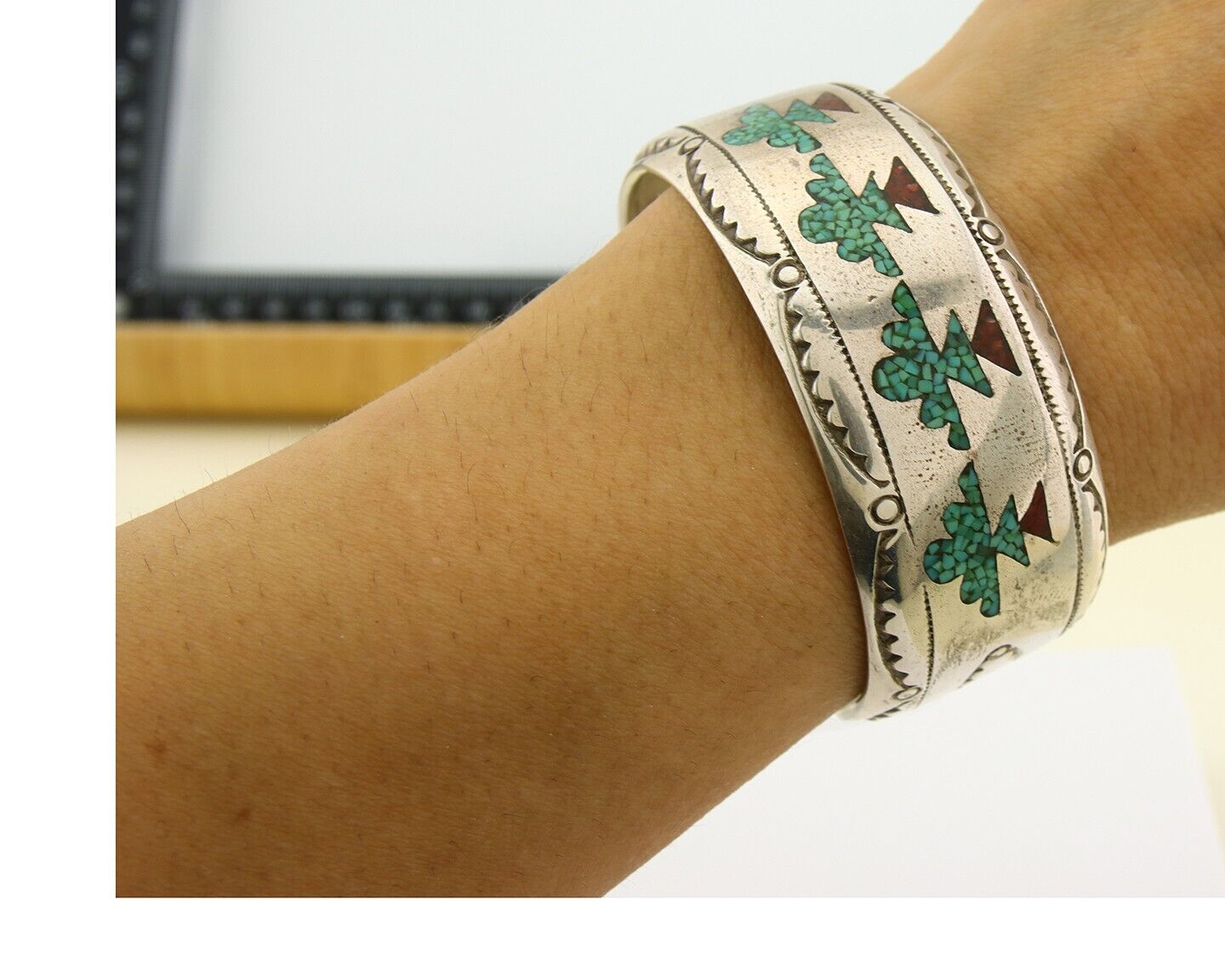 Navajo Bracelet 925 Silver Inlaid Coral & Turquoise Cuff Artist Signed LB C.80's