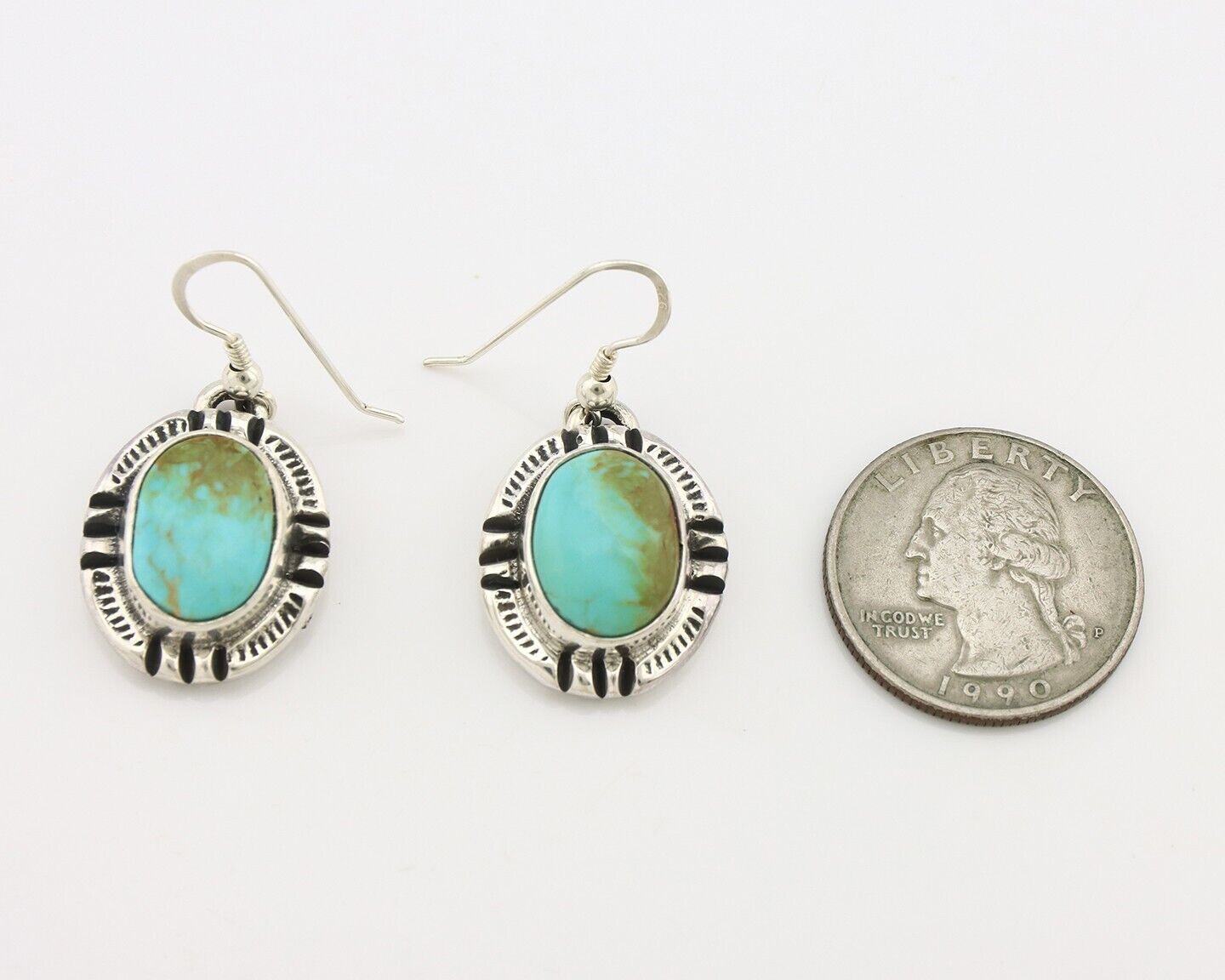 Navajo Handmade Earrings 925 Silver Natural Arizona Turquoise Signed Gecko C.80s
