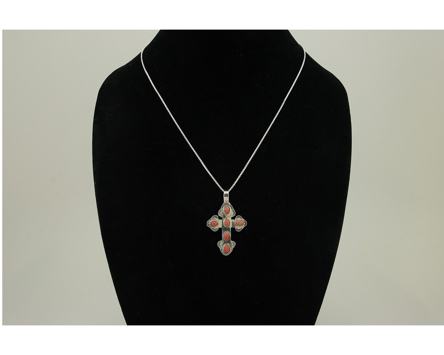Navajo Cross Necklace 925 Silver Mediterranean Coral Artist Signed CB C80s