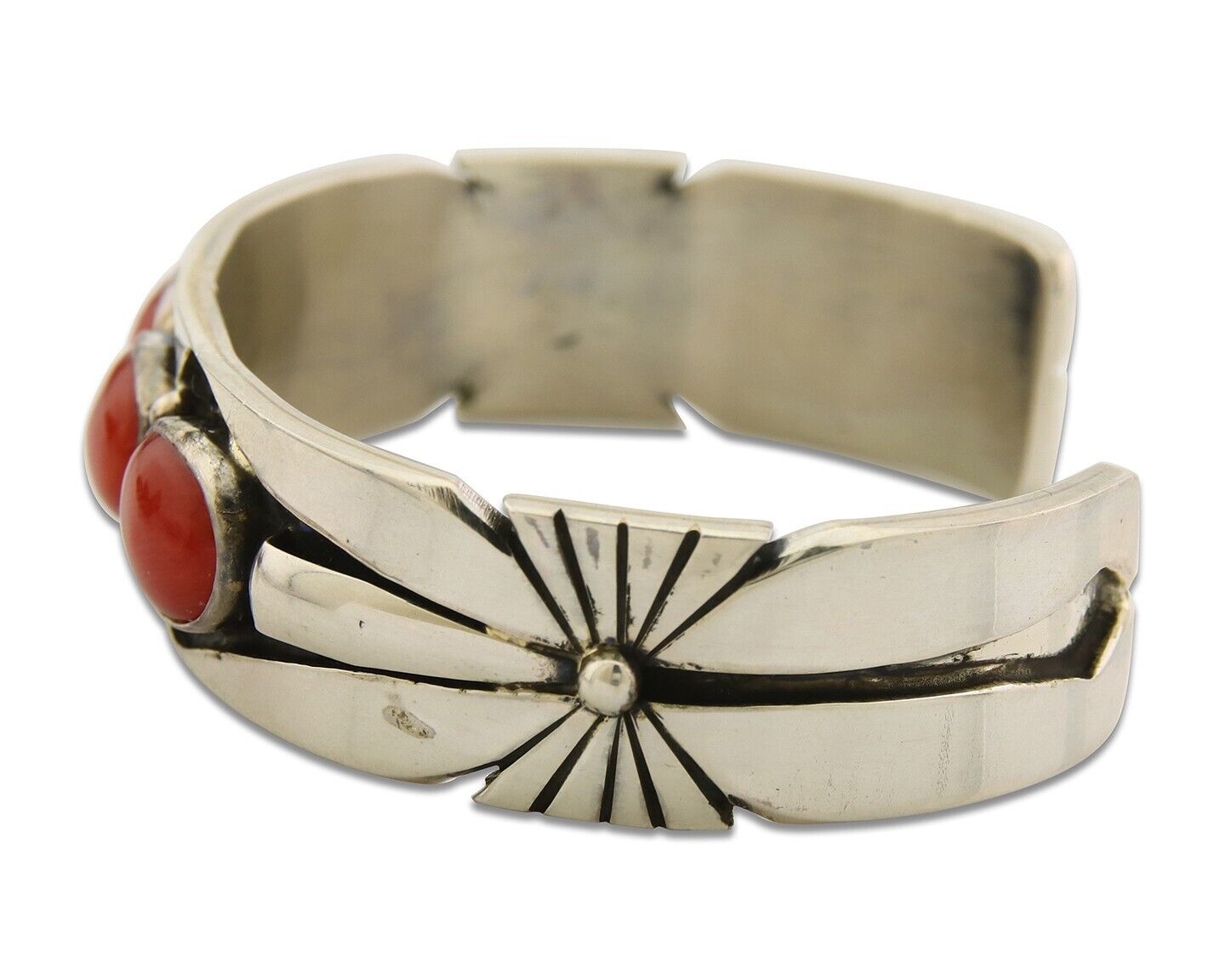 Navajo Bracelet .925 Silver Red Coral Cuff Signed Charles Johnson C.80's
