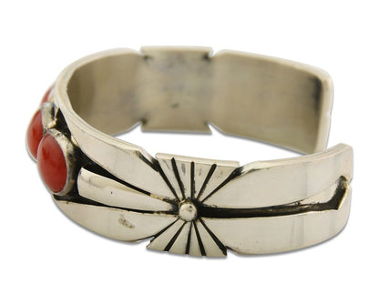 Navajo Bracelet .925 Silver Red Coral Cuff Signed Charles Johnson C.80's